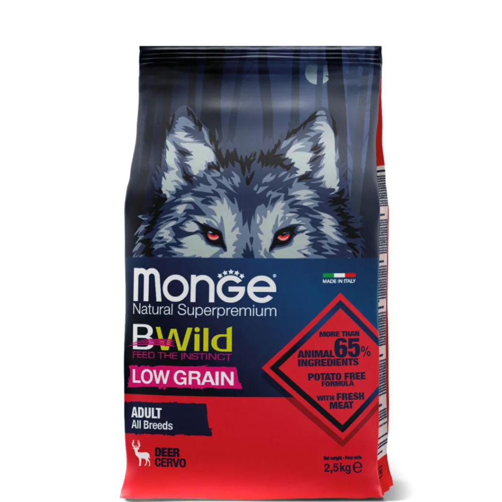 Monge BWild Dog Adult Deer Low Grain Сухой корм низкозерновой для взрослыхсобак всех  пород, из мяса оленя, 2,5 кг