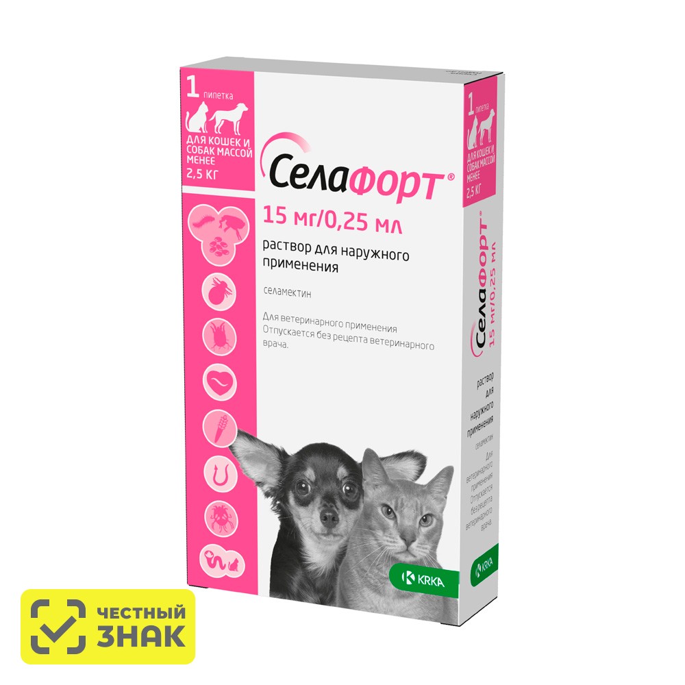 KRKA Селафорт Капли на холку для собак и кошек весом до 2,5 кг от блох, чесоточных клещей и гельминтов, 1 пипетка
