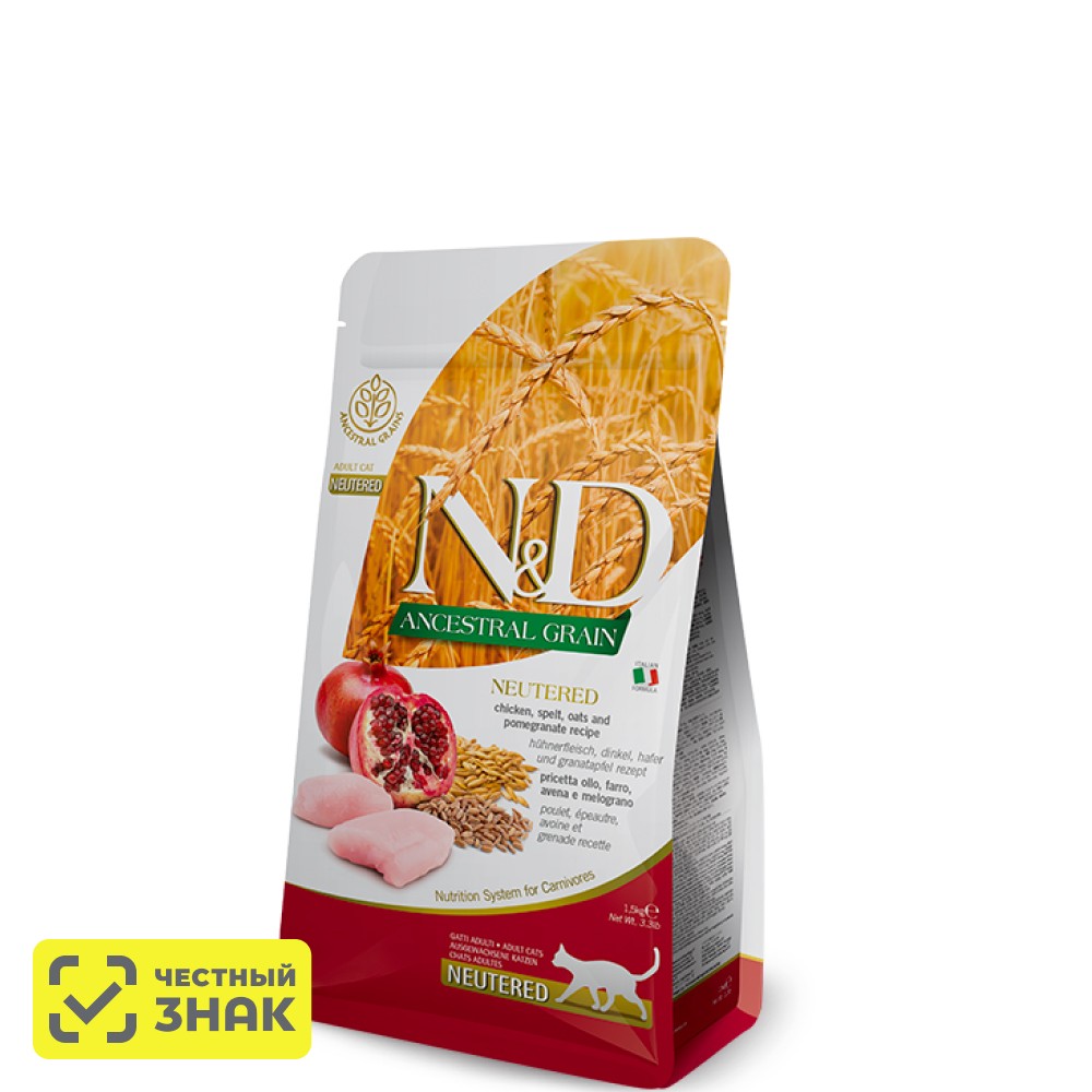 

Farmina N&D Ancestral Grain Сухой корм для стерилизованных кошек и кастрированных котов, курица, 300 гр.