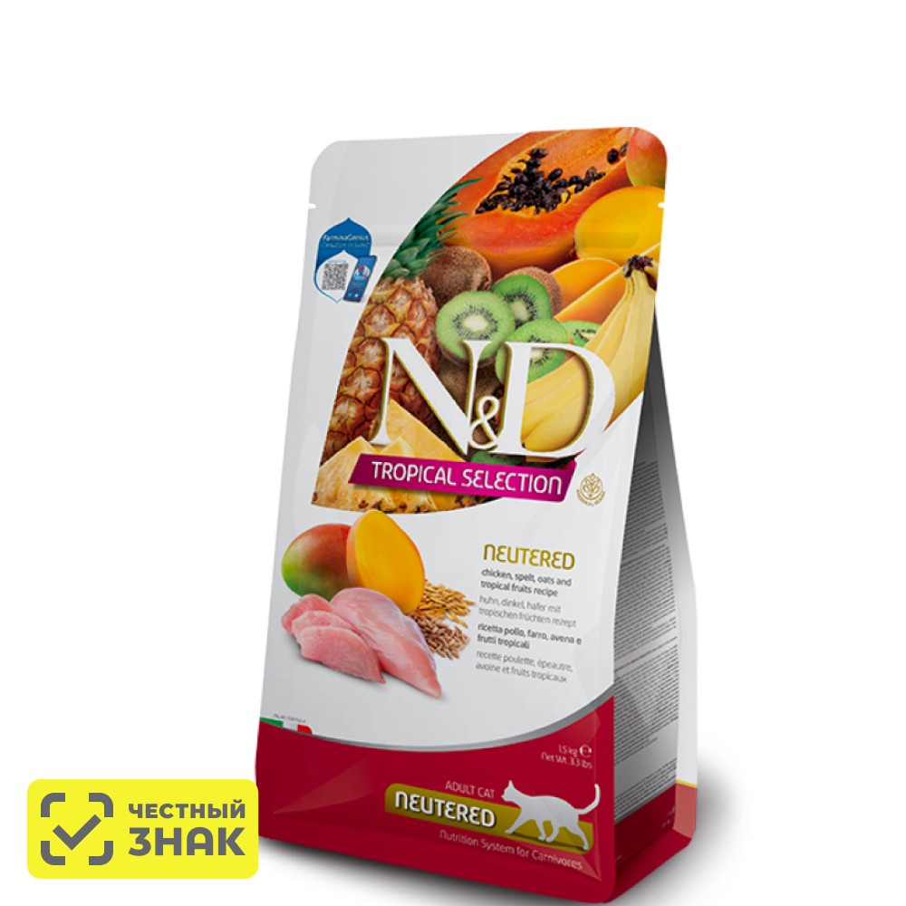

Farmina N&D Tropical Selection Сухой корм для стерилизованных кошек и кастрированных котов, курица, 1,5 кг