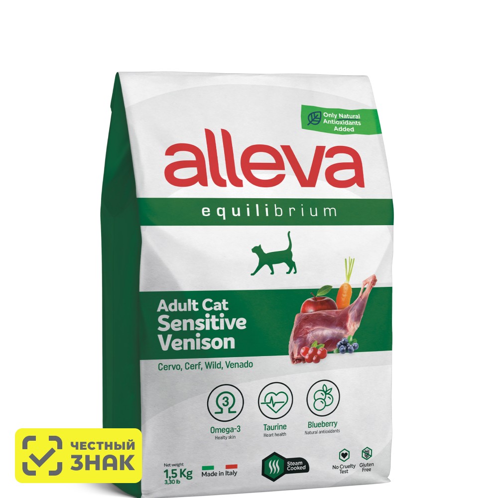 

ALLEVA Equilibrium Adult Sensitive Cухой корм для взрослых кошек с чувствительным пищеварением, с олениной, 1,5 кг