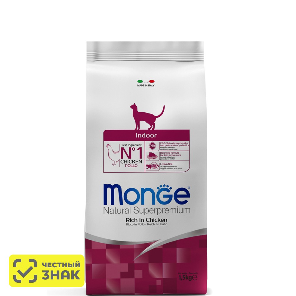 

Monge Indoor Сухой корм для домашних кошек с низкой физической активностью, с курицей, 1,5 кг