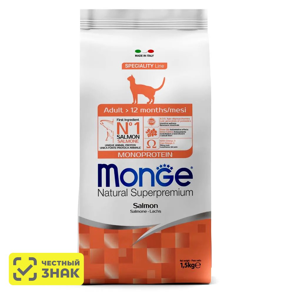 

Monge Adult Cat Сухой корм для взрослых кошек, с лососем, 1,5 кг