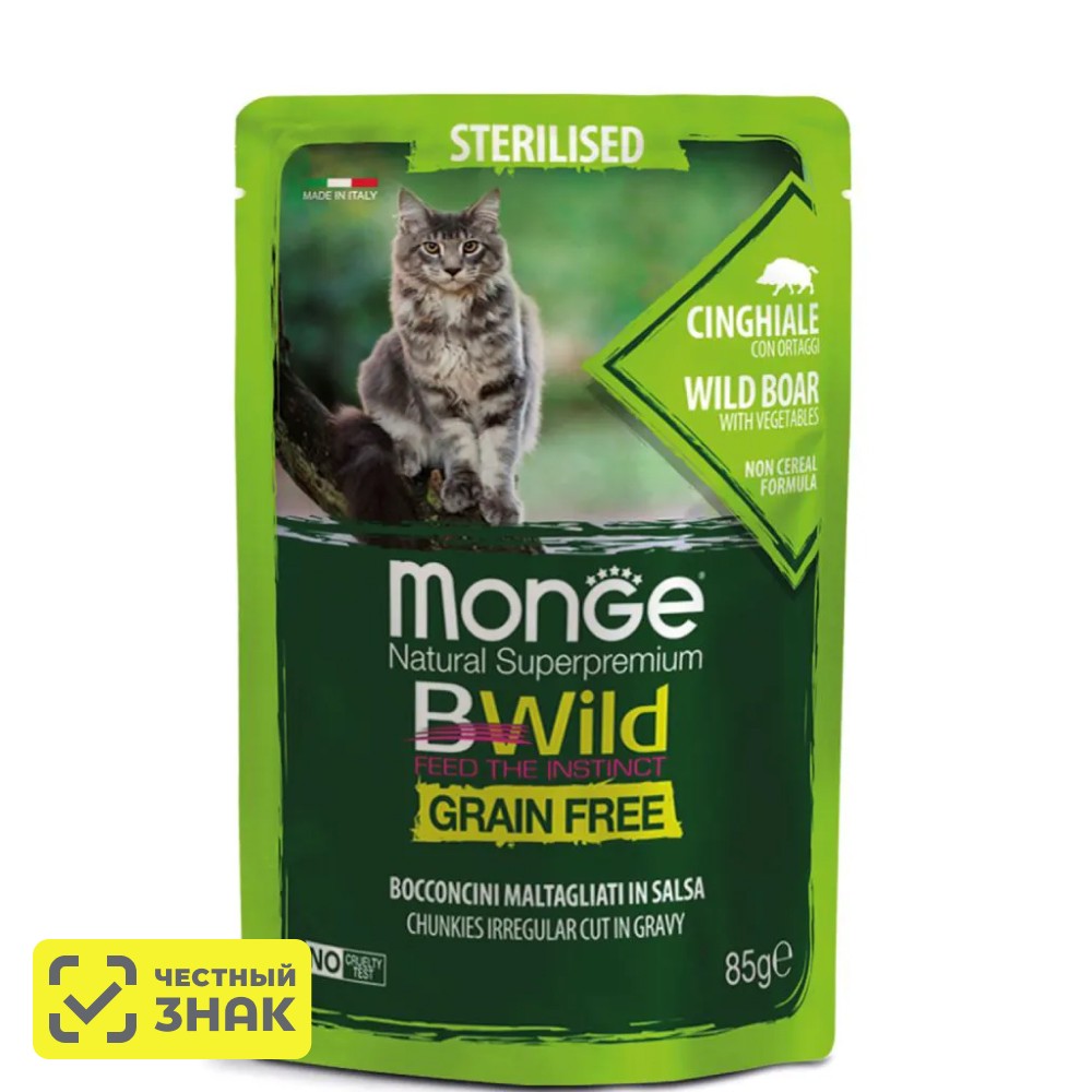 

Monge BWild Grain Free Влажный корм (пауч) для стерилизованных кошек, с мясом дикого кабана и овощами, 85 гр.