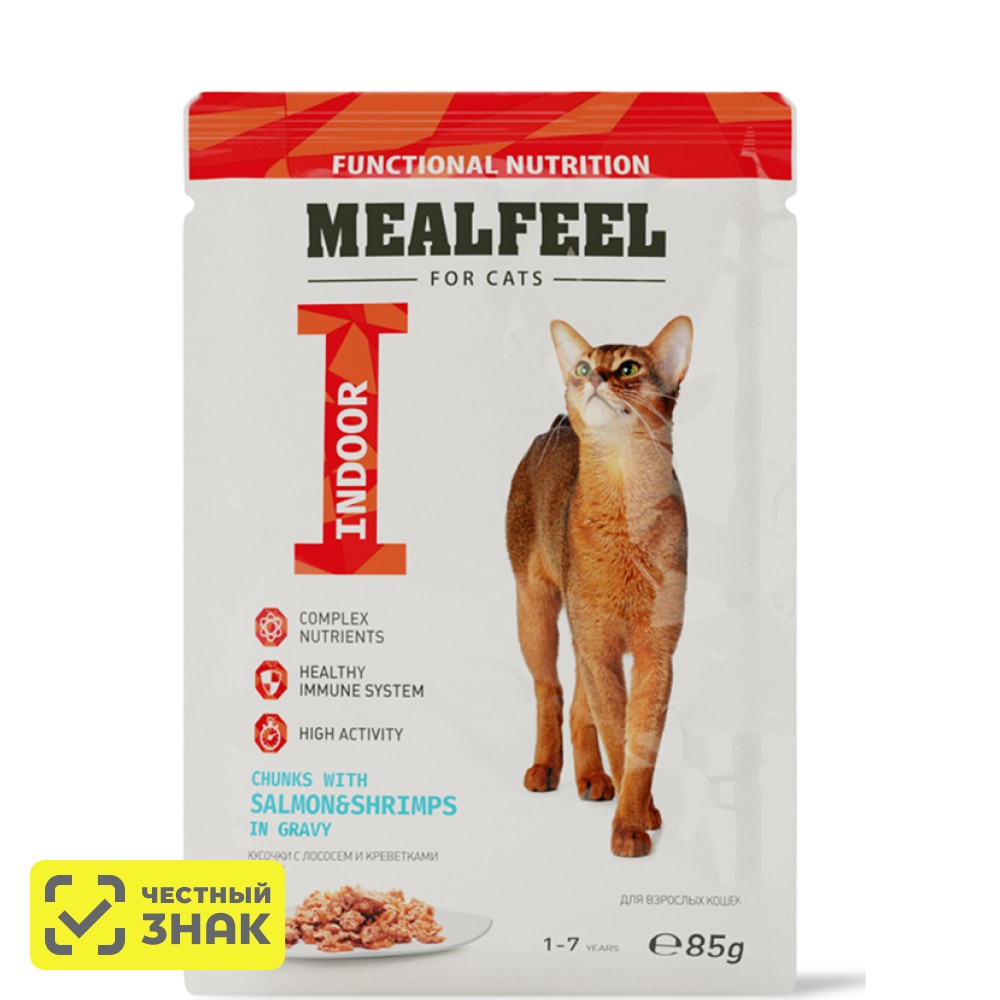 

Mealfeel Indoor Влажный корм (пауч) для кошек, лосось и креветки в соусе с кусочками куриного филе, 85 гр.