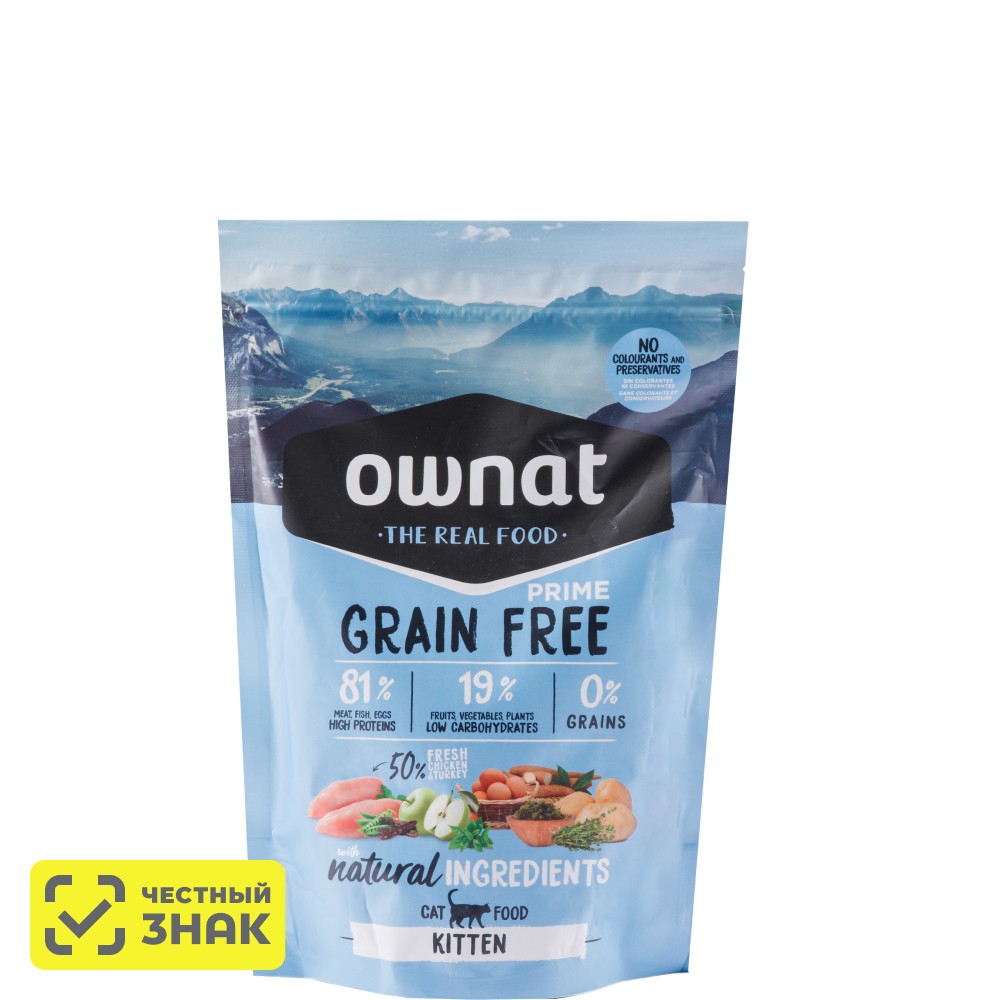 Ownat Kitten Prime Сухой беззерновой корм для котят, с мясом цыплёнка и индейки, 400 гр