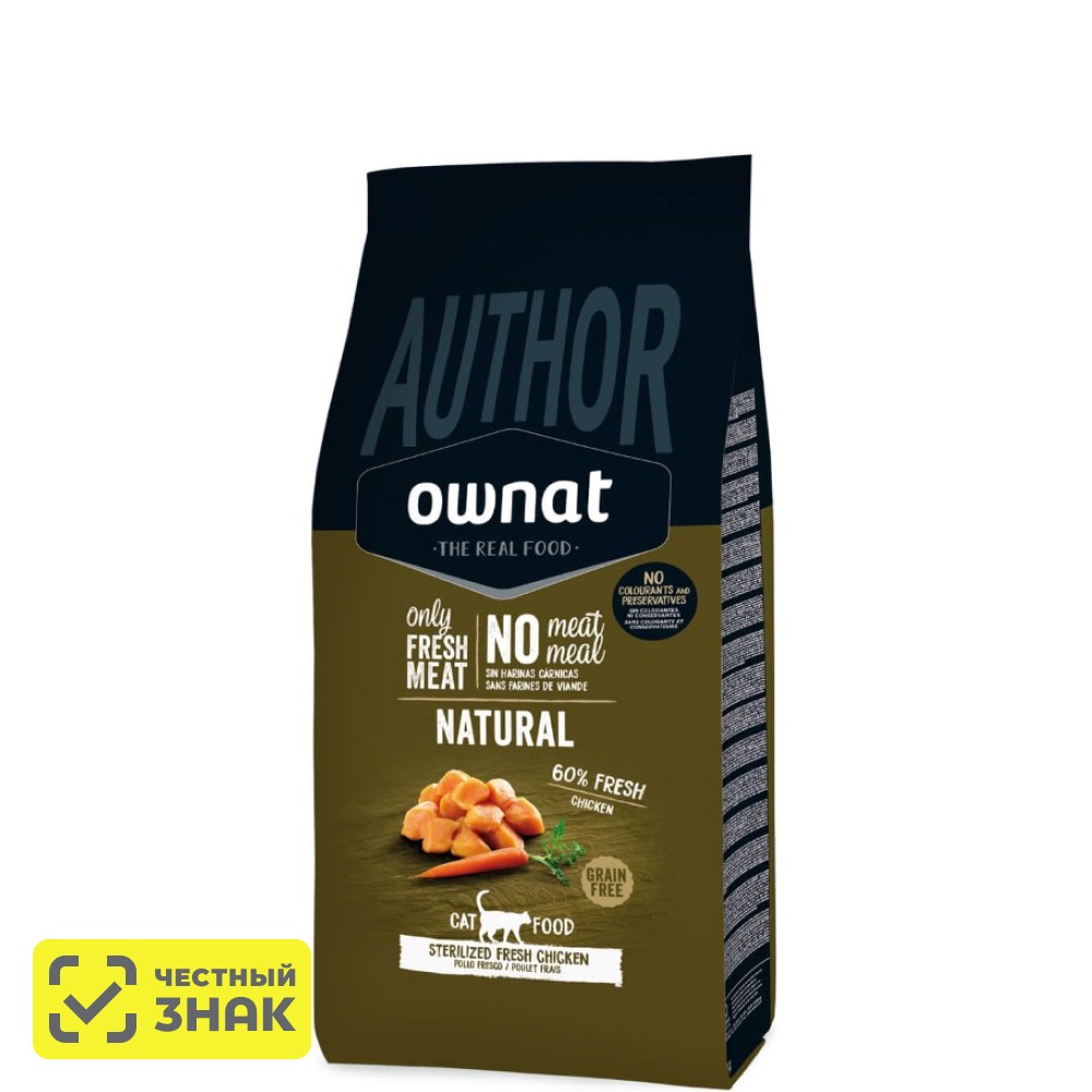 

Ownat Author Сухой корм беззерновой для стерилизованных кошек, со свежим мясом курицы, 1,5 кг