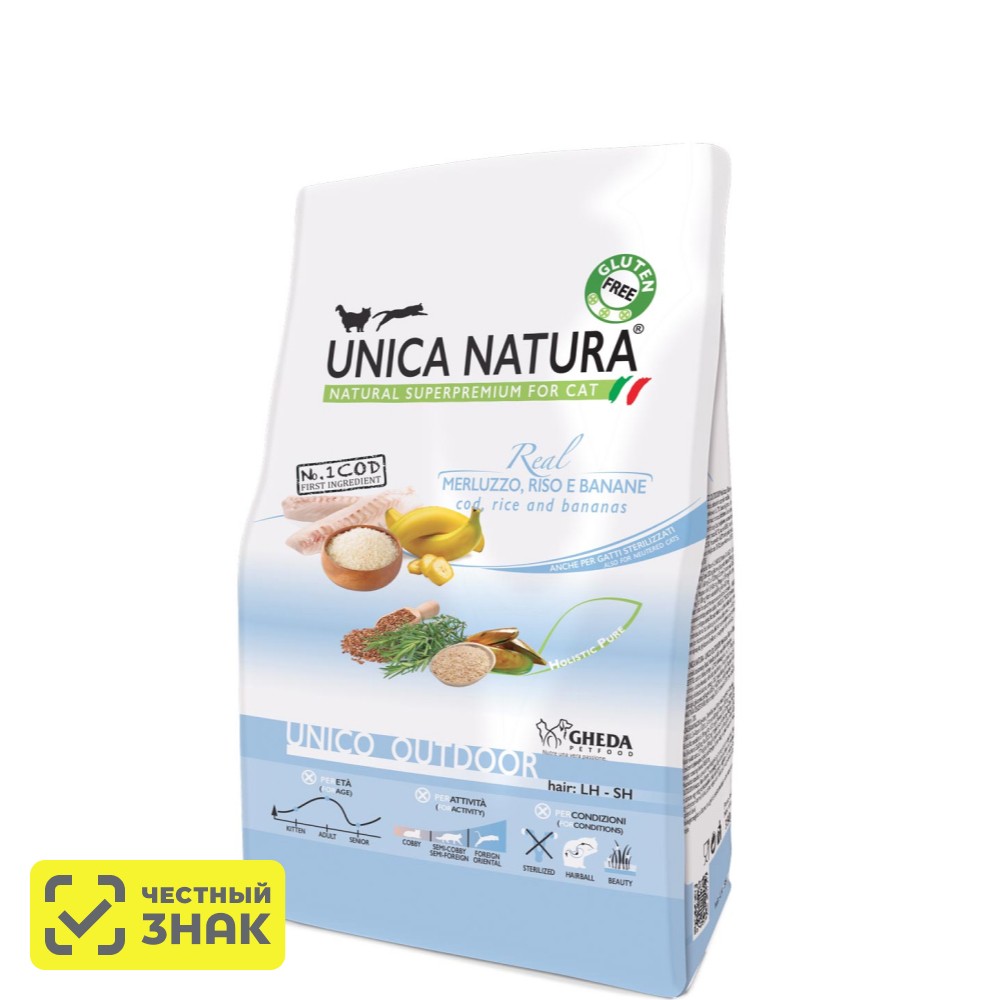 UNICA Natura Outdoor Сухой корм для кошек, с треской, рисом и бананами, 1,5 кг