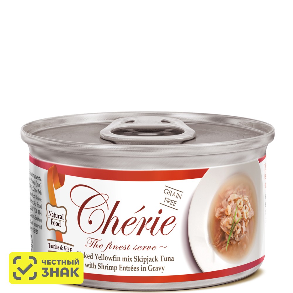 

Pettric Cherie Влажный корм (консервы) для кошек, с тунцом и креветкой в подливе, 80 гр.