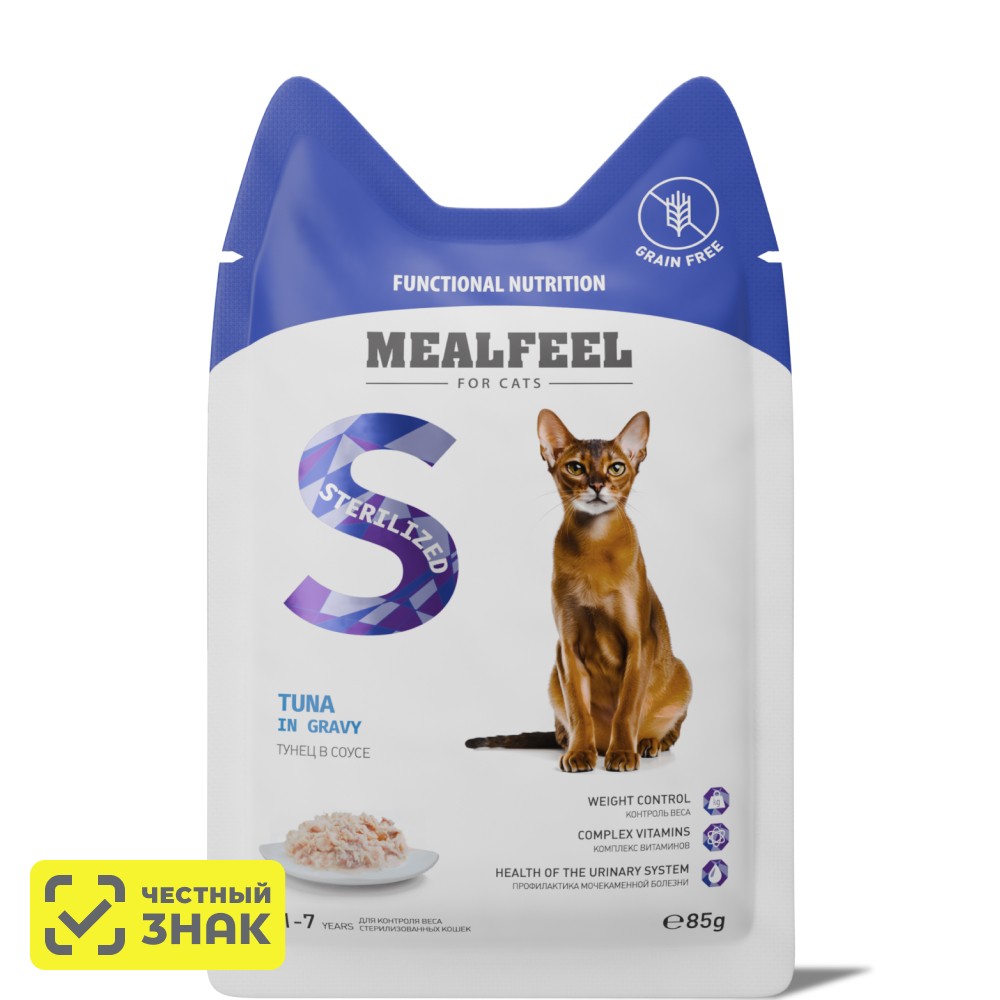 

Mealfeel Sterilized Влажный корм (пауч) для стерилизованных кошек, тунец в соусе, 85 гр.