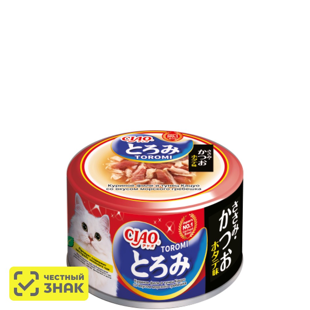 

INABA CIAO Toromi Влажный корм (консервы) для кошек, куриное филе и тунец кацуо со вкусом морского гребешка в бульоне, 80 гр.