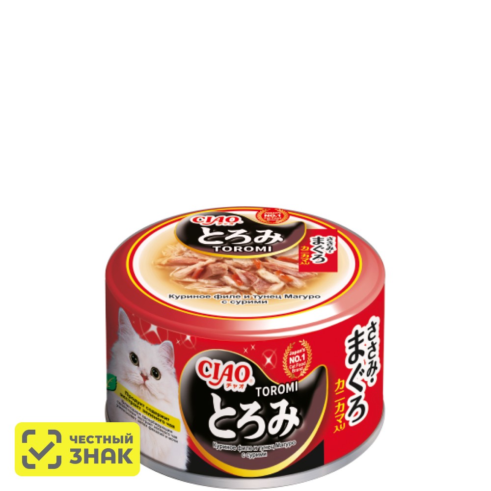 INABA CIAO Toromi Влажный корм для кошек, куриное филе и тунец магуро с сурими в бульоне, 80 гр