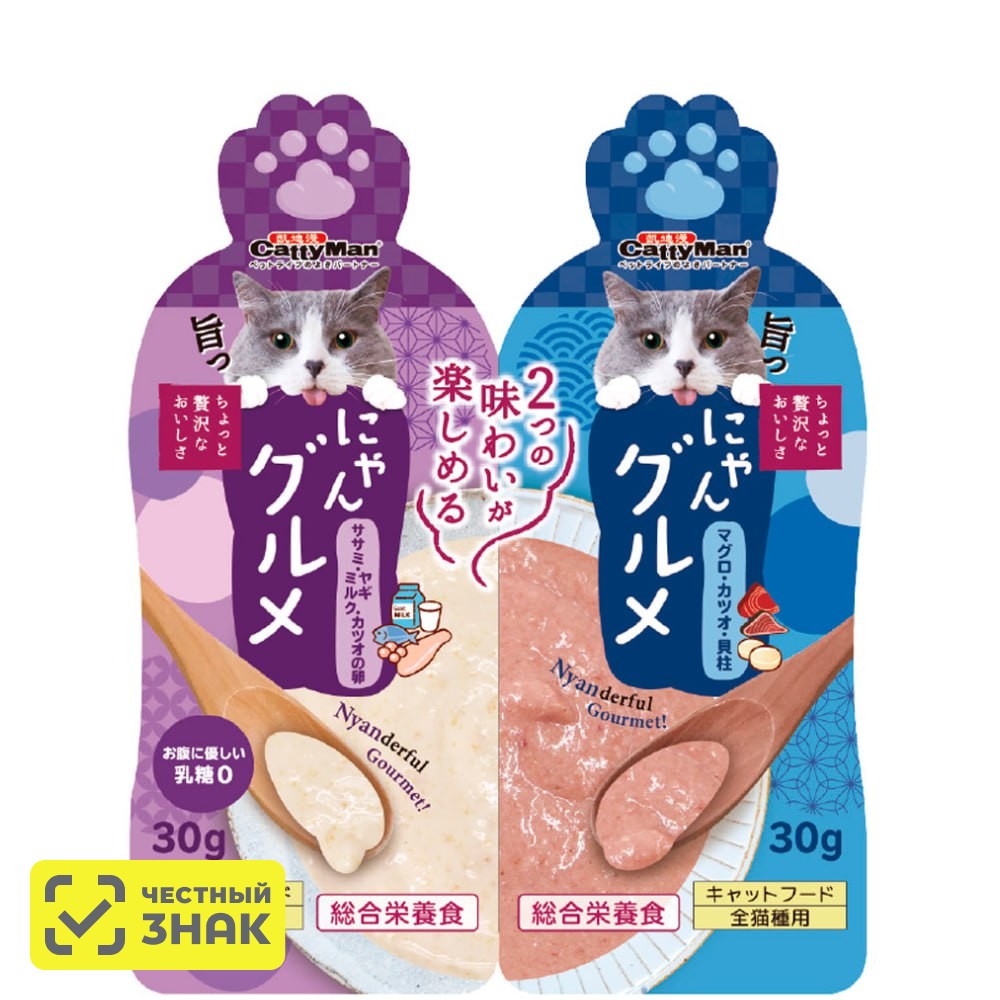 

CATTYMAN Влажный корм (пауч) для кошек и котят, тунцовое пюре в нежном соусе с гребешком, мясное пюре с козьим молоком и икрой тунца, 30 гр.x2 шт.