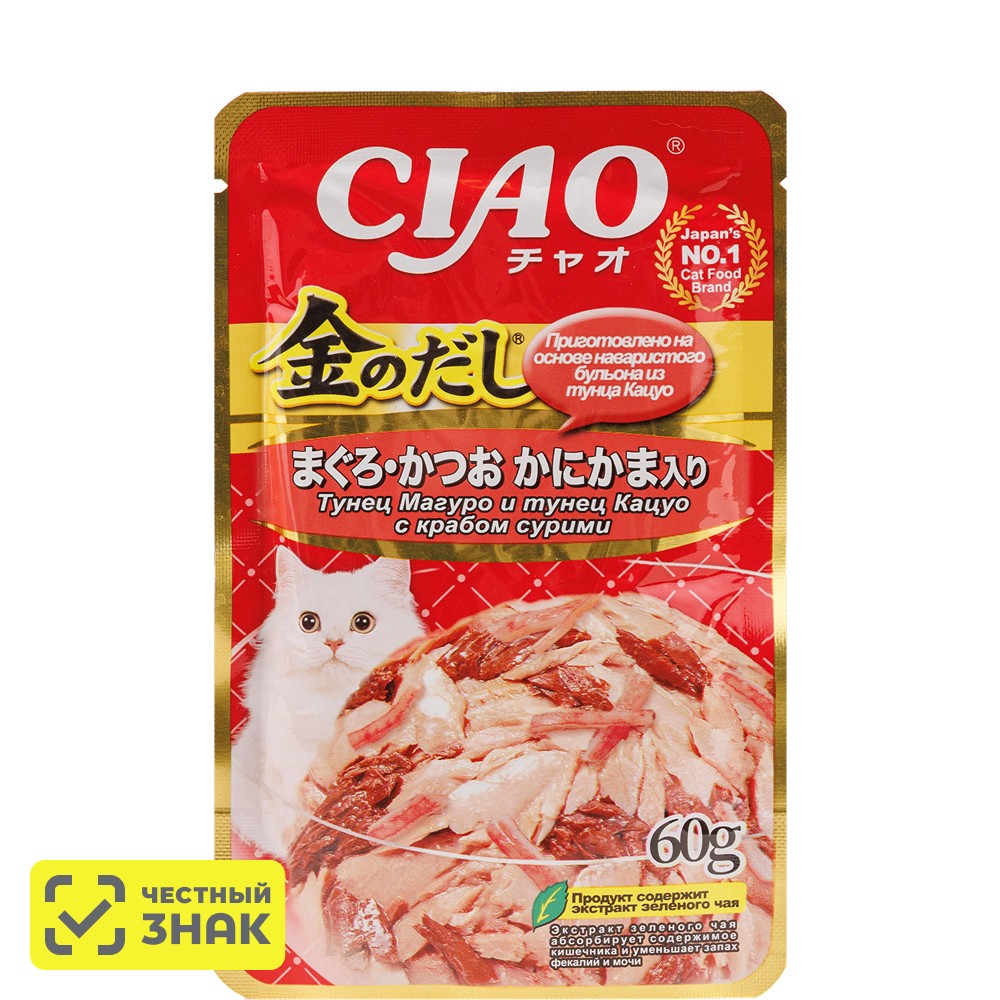 

INABA CIAO Влажный корм (пауч) для кошек, тунец магуро и тунец кацуо с крабом сурими, 60 гр.