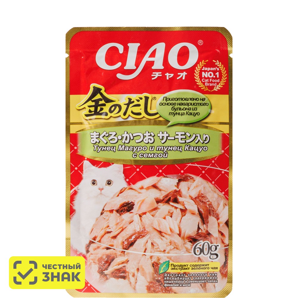 

INABA CIAO Влажный корм (пауч) для кошек, тунец магуро и тунец кацуо с семгой, 60 гр.