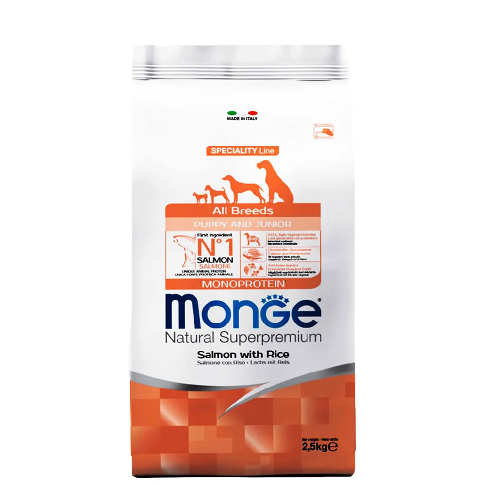

Monge All Breeds Puppy and Junior Сухой корм для щенков всех пород, с лососем и рисом, 2,5 кг