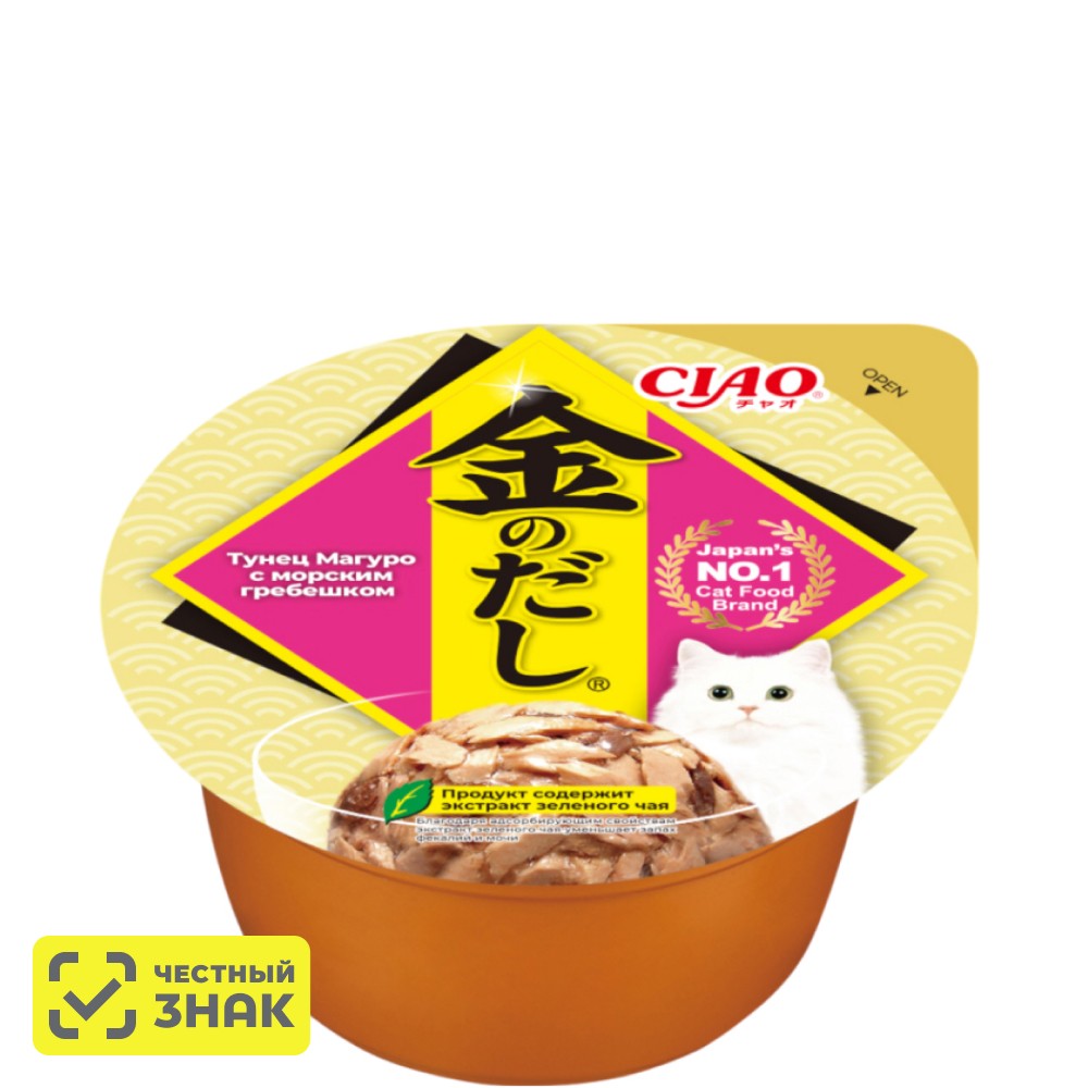 

INABA CIAO Kinnodashi cup Влажный корм (консервы) для кошек, тунец магуро с морским гребешком, 70 гр.