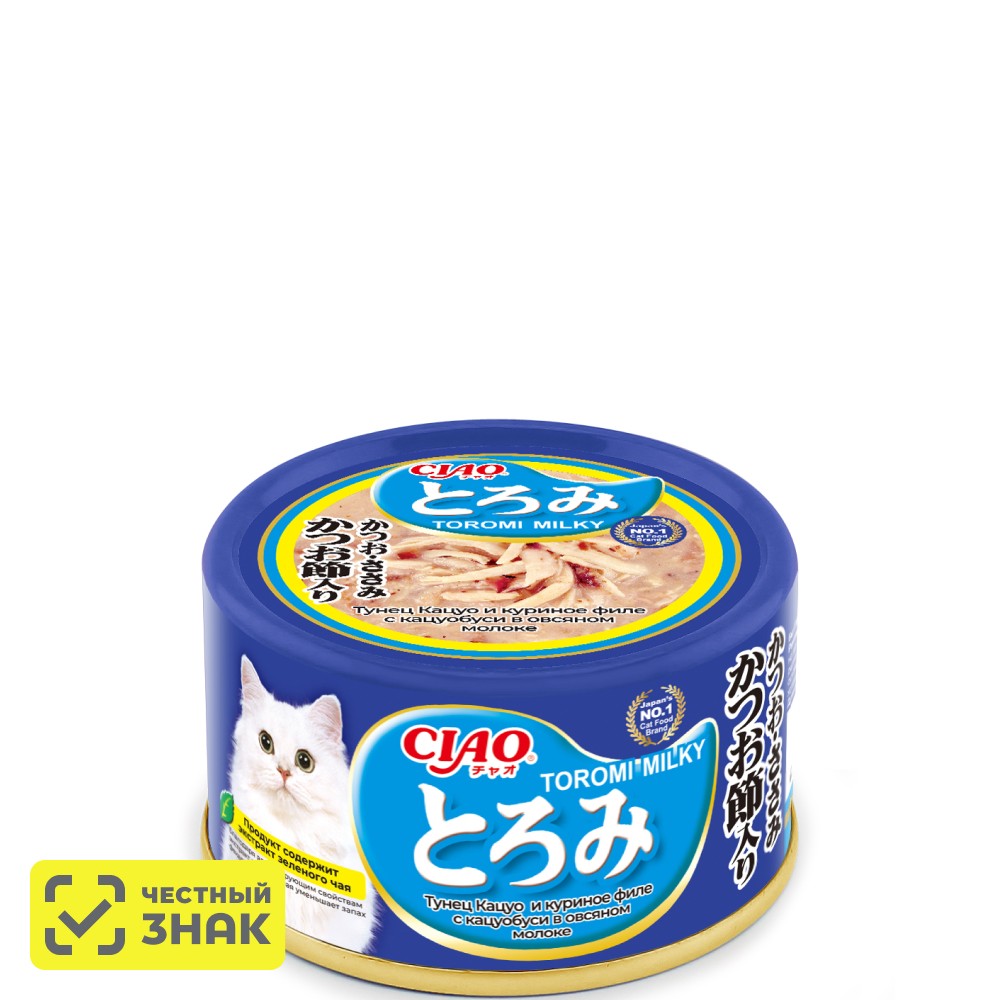 

INABA CIAO Toromi Влажный корм (консервы) для кошек, тунец кацуо, куриное филе с кацуобуси в овсяном молоке, 80 гр.