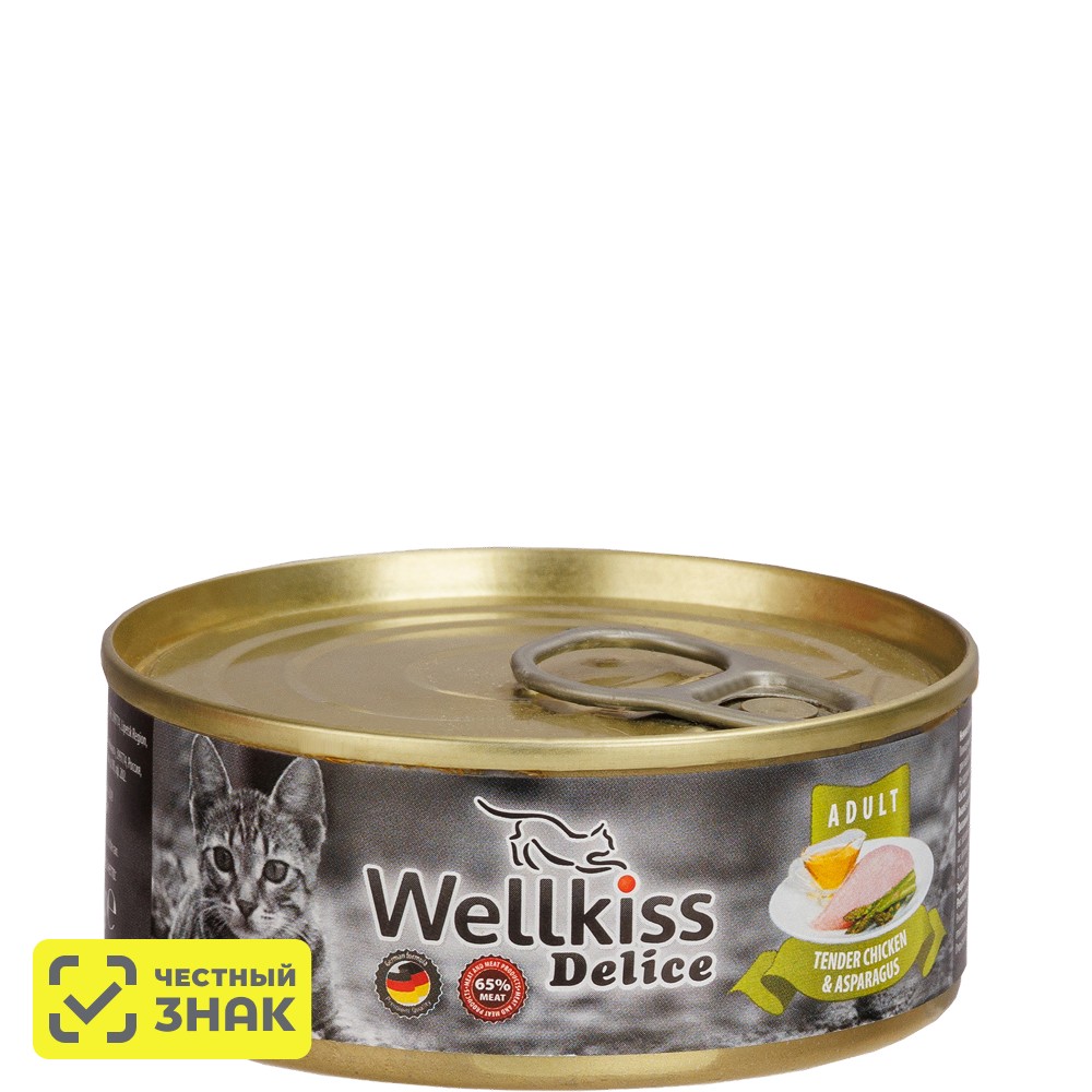 

Wellkiss Delice Влажный корм (консервы) для кошек, нежное филе цыпленка со спаржей, 100 гр.