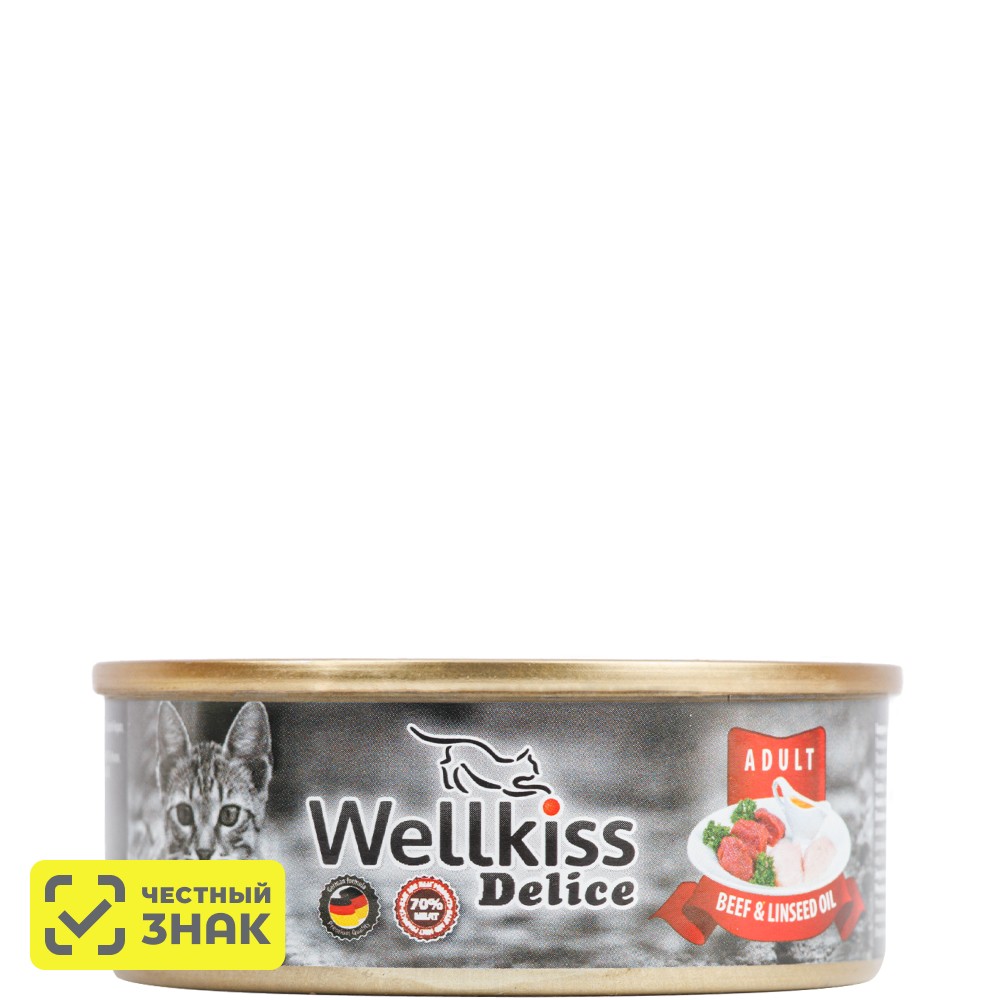 

Wellkiss Delice Влажный корм (консервы) для кошек, говядина с льняным маслом, 100 гр.
