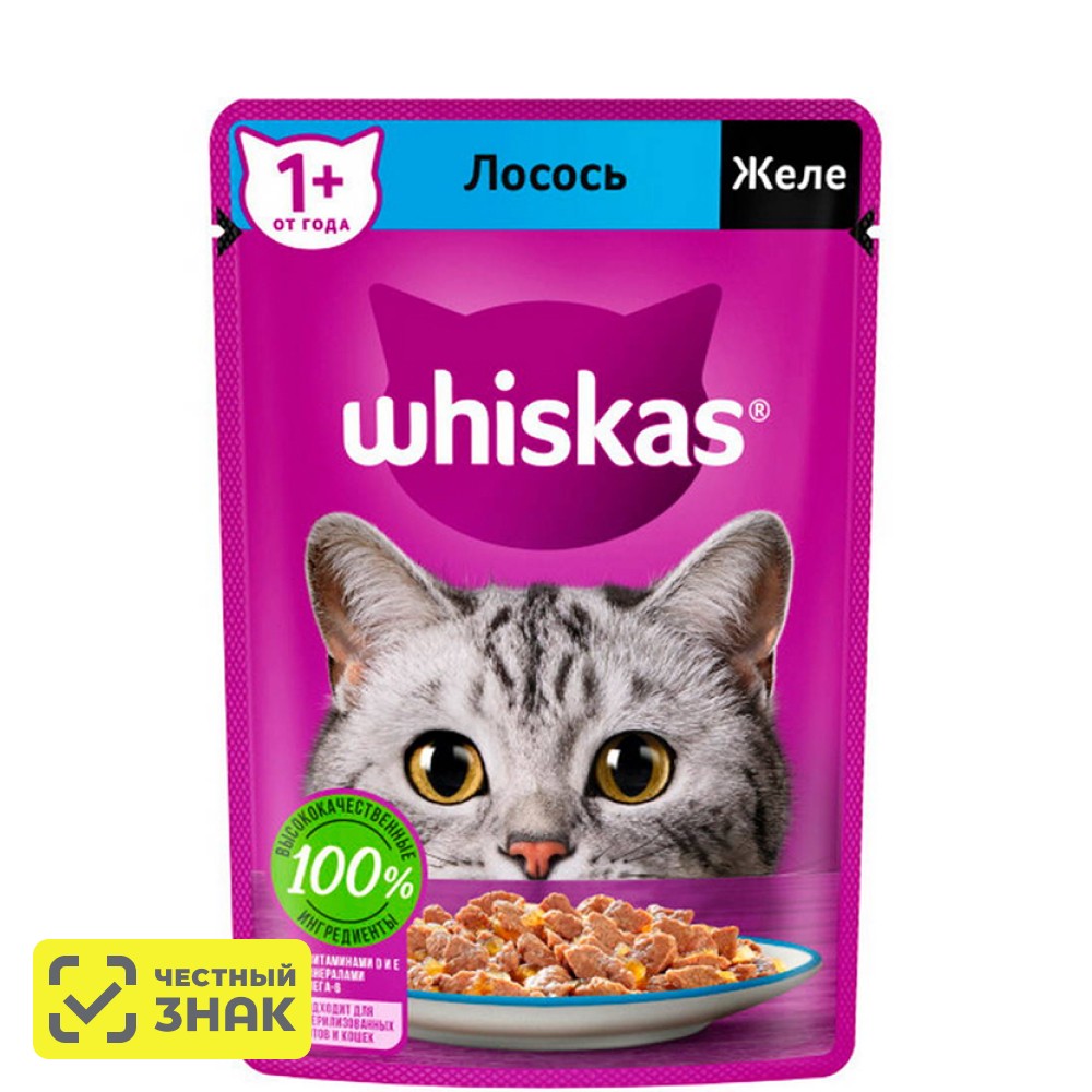 

Whiskas Влажный корм (пауч) для кошек, желе с лососем, 75 гр.