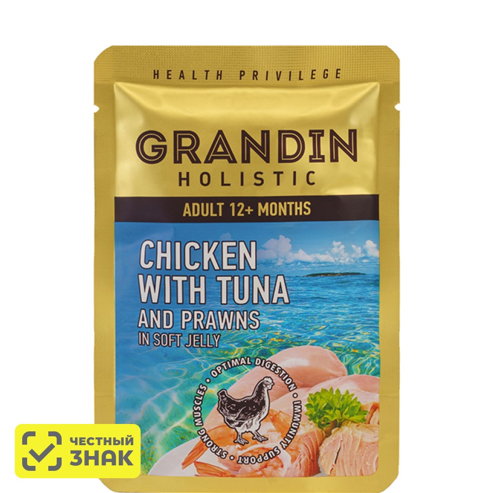 

Grandin Влажный корм (пауч) для кошек, курица с тунцом и креветками в нежном желе, 85 гр.