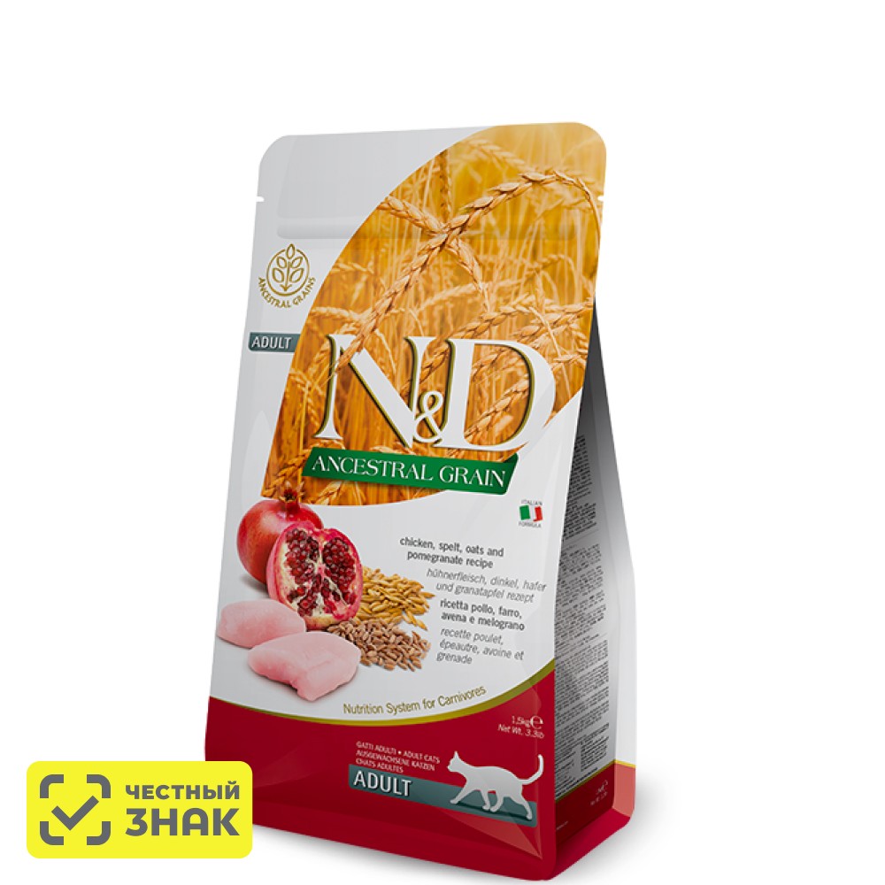 

Farmina N&D Ancestral Grain Сухой корм для взрослых котов и кошек, курица, спельта, овес и гранат, 1,5 кг