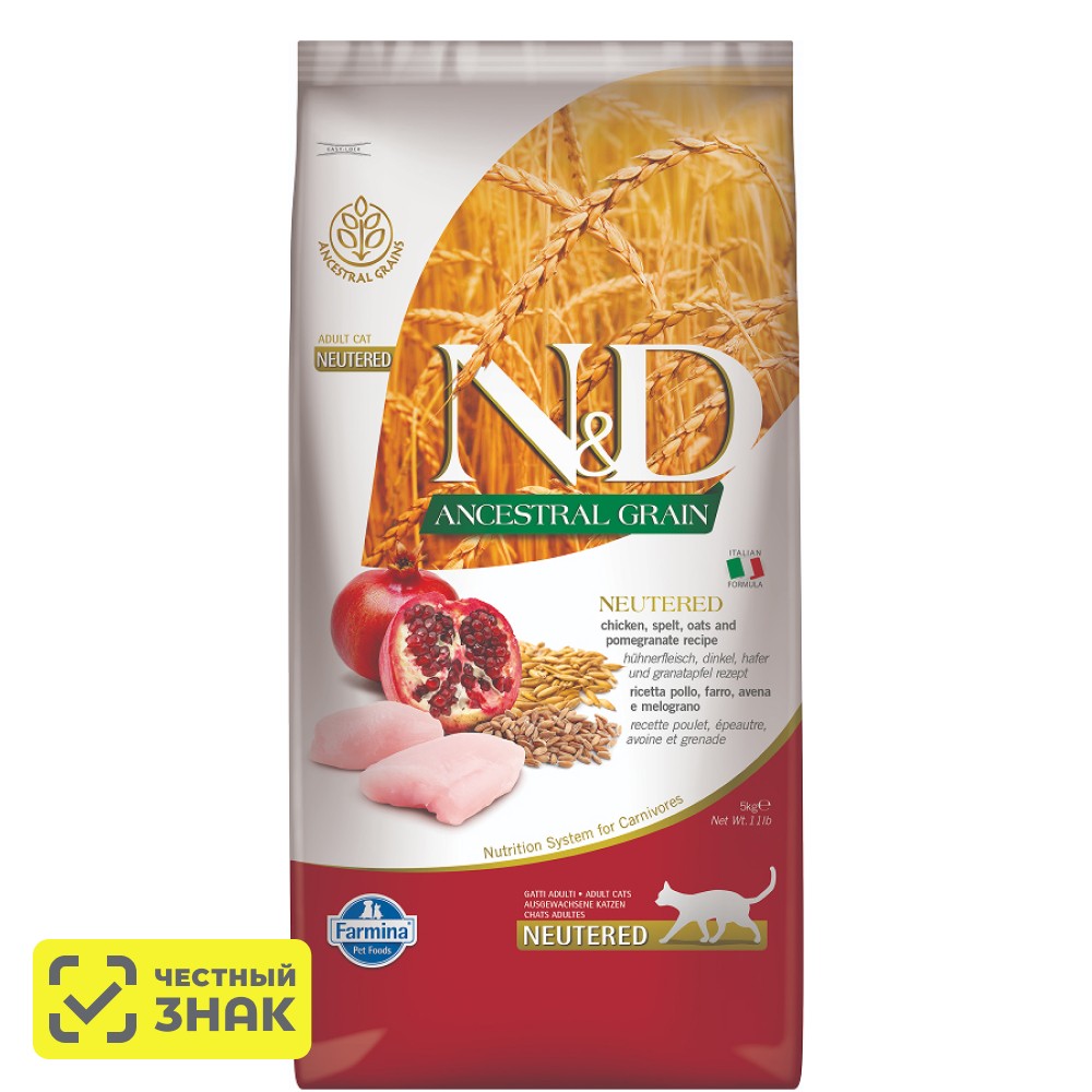 

Farmina N&D Ancestral Grain Сухой корм для стерилизованных кошек и кастрированных котов, курица, спельта, овес и гранат, 1,5 кг