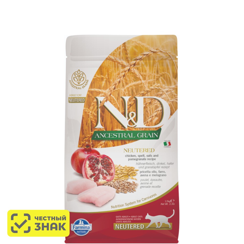 

Farmina N&D Ancestral Grain Сухой корм для стерилизованных кошек и кастрированных котов, курица, спельта, овес и гранат, 1,5 кг