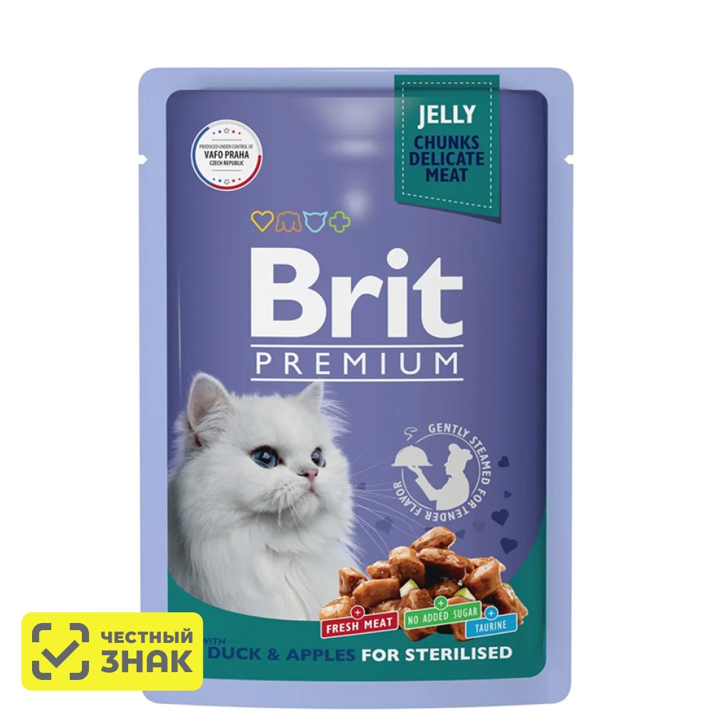 

Brit Premium Влажный корм (пауч) для взрослых стерилизованных кошек, с уткой и яблоками в желе, 85 гр.