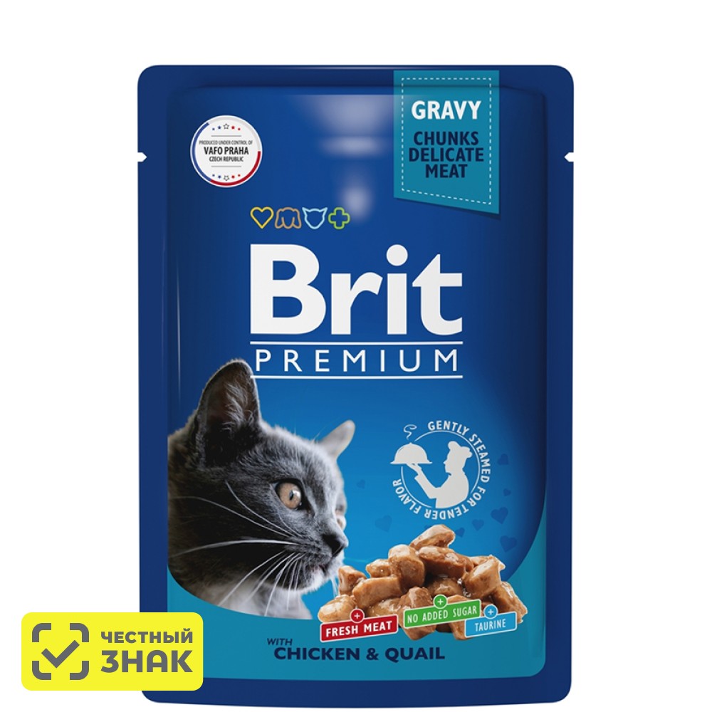 

Brit Premium Влажный корм (пауч) для взрослых кошек, с цыпленком и перепелкой в соусе, 85 гр.