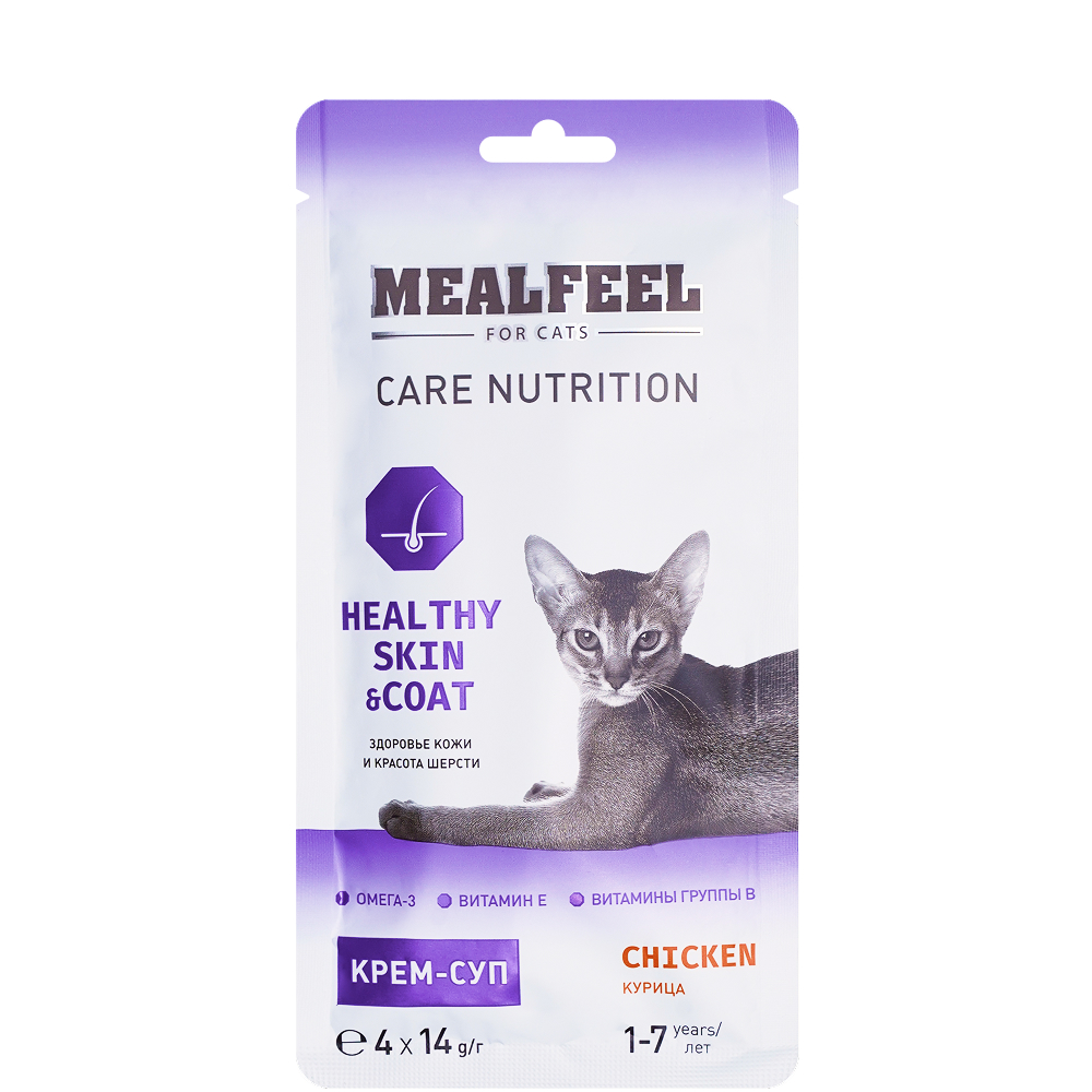 

Mealfeel Care Nutrition Лакомство Крем-суп с курицей для здоровья кожи и красоты шерсти у кошек, 4х14 гр.
