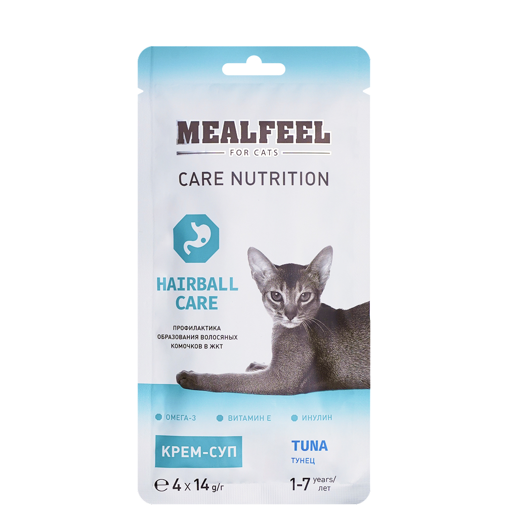 

Mealfeel Care Nutrition Лакомство Крем-суп с тунцом для профилактики образования волосяных комочков в ЖКТ у кошек, 4х14 гр.