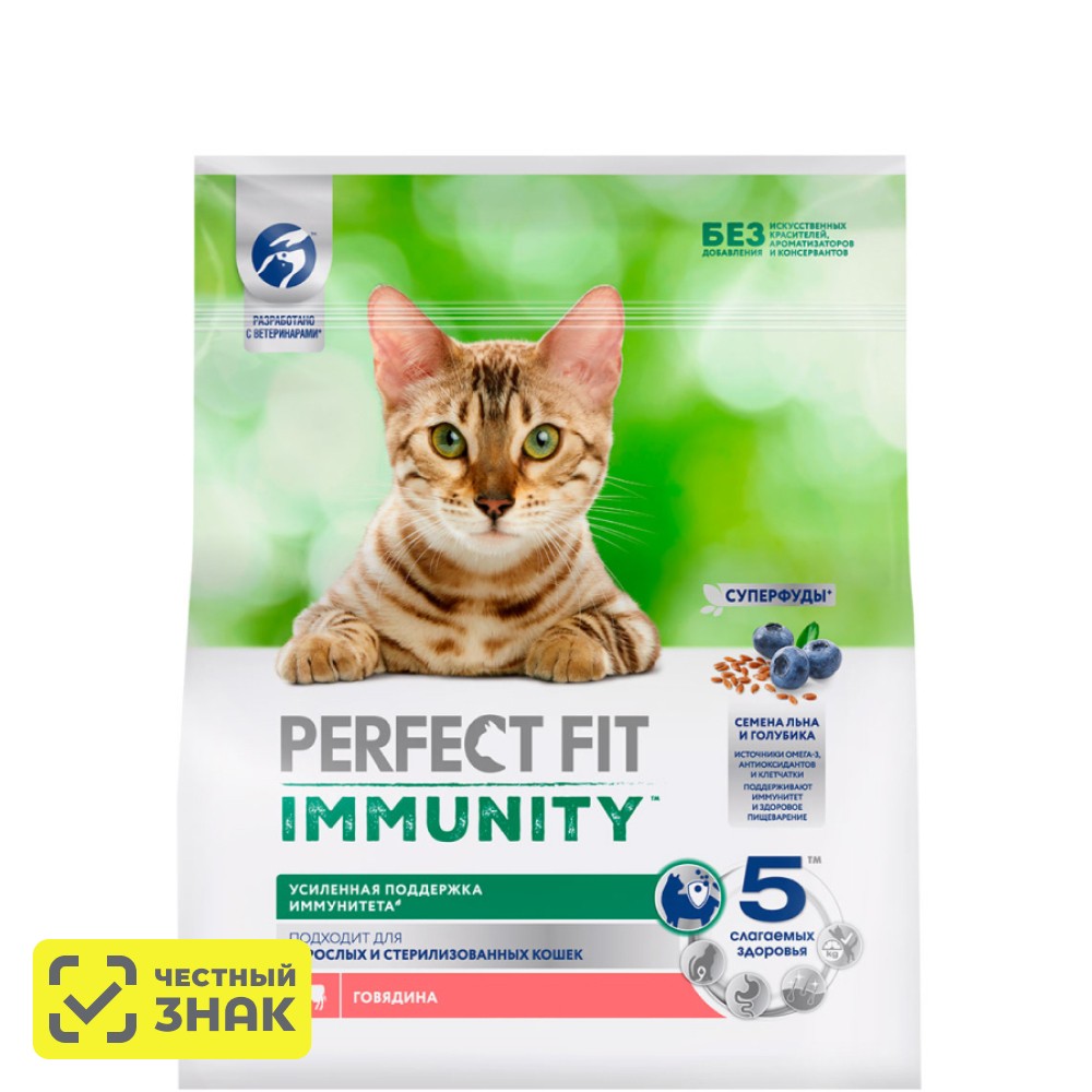 

Perfect Fit Immunity Сухой корм для кошек, с говядиной, семенами льна и голубикой, 580 гр.