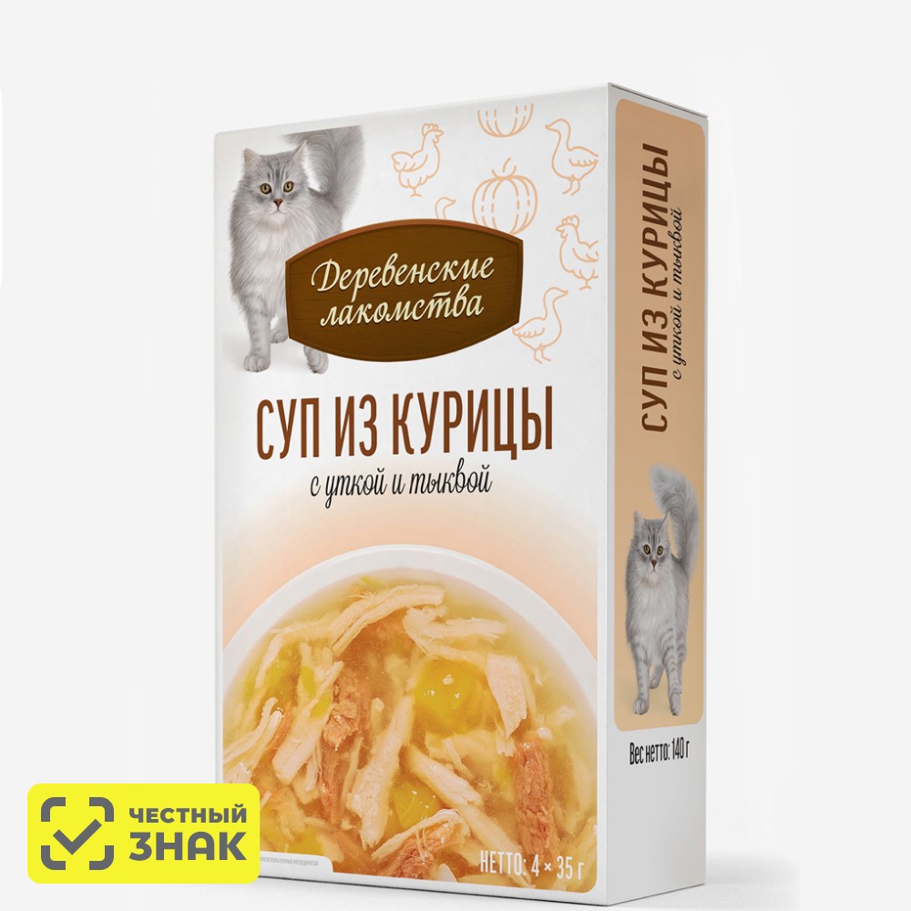 

Деревенские лакомств Влажный корм (пауч) для кошек, суп из курицы с уткой и тыквой, 4х35 гр.
