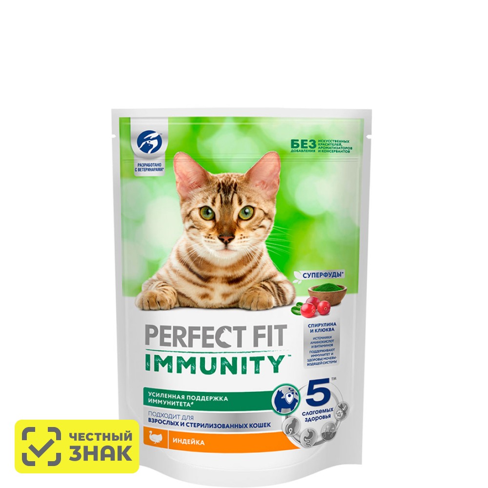 

Perfect Fit Immunity Сухой корм для кошек, с индейкой, спирулиной и клюквой, 580 гр.