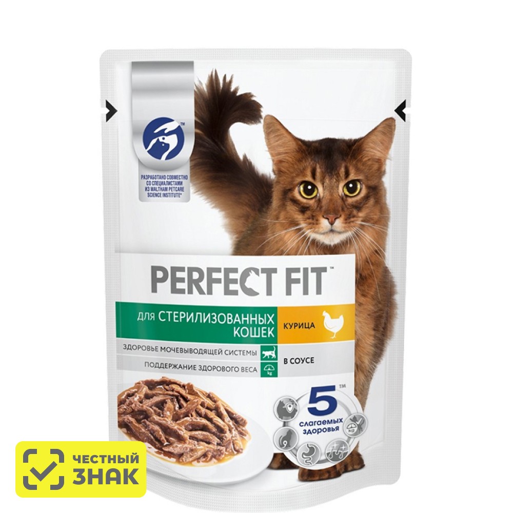 

Perfect Fit Влажный корм (пауч) для стерилизованных кошек, с курицей в соусе, 75 гр.