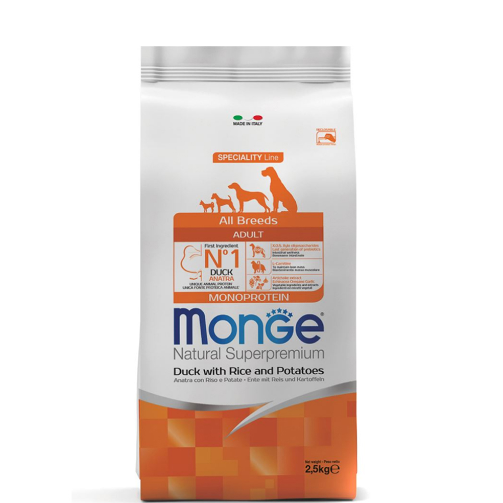 

Monge All Breeds Adult Сухой корм для взрослых собак всех пород, с уткой, рисом и картофелем, 2,5 кг