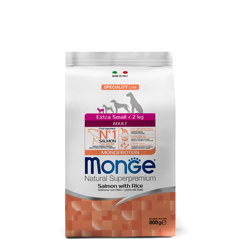 

Monge Extra Small Adult Сухой корм для взрослых собак миниатюрных пород, с лососем и рисом, 800 гр.