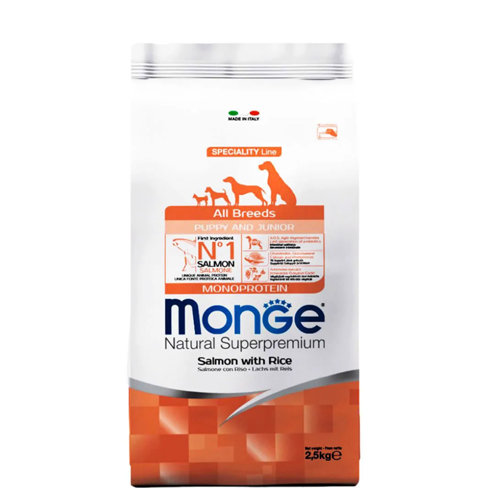 

Monge All Breeds Puppy and Junior Сухой корм для щенков всех пород, с лососем и рисом, 12 кг