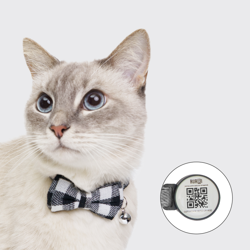 RURRI Ошейник с адресником, QR-кодом и NFC для кошек, длина шеи 32 см, ширина 10 см, черный