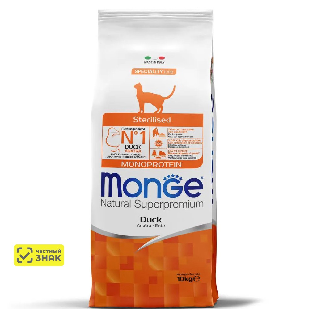 

Monge Monoprotein Sterilised Сухой корм для стерилизованных кошек, с уткой, 10 кг