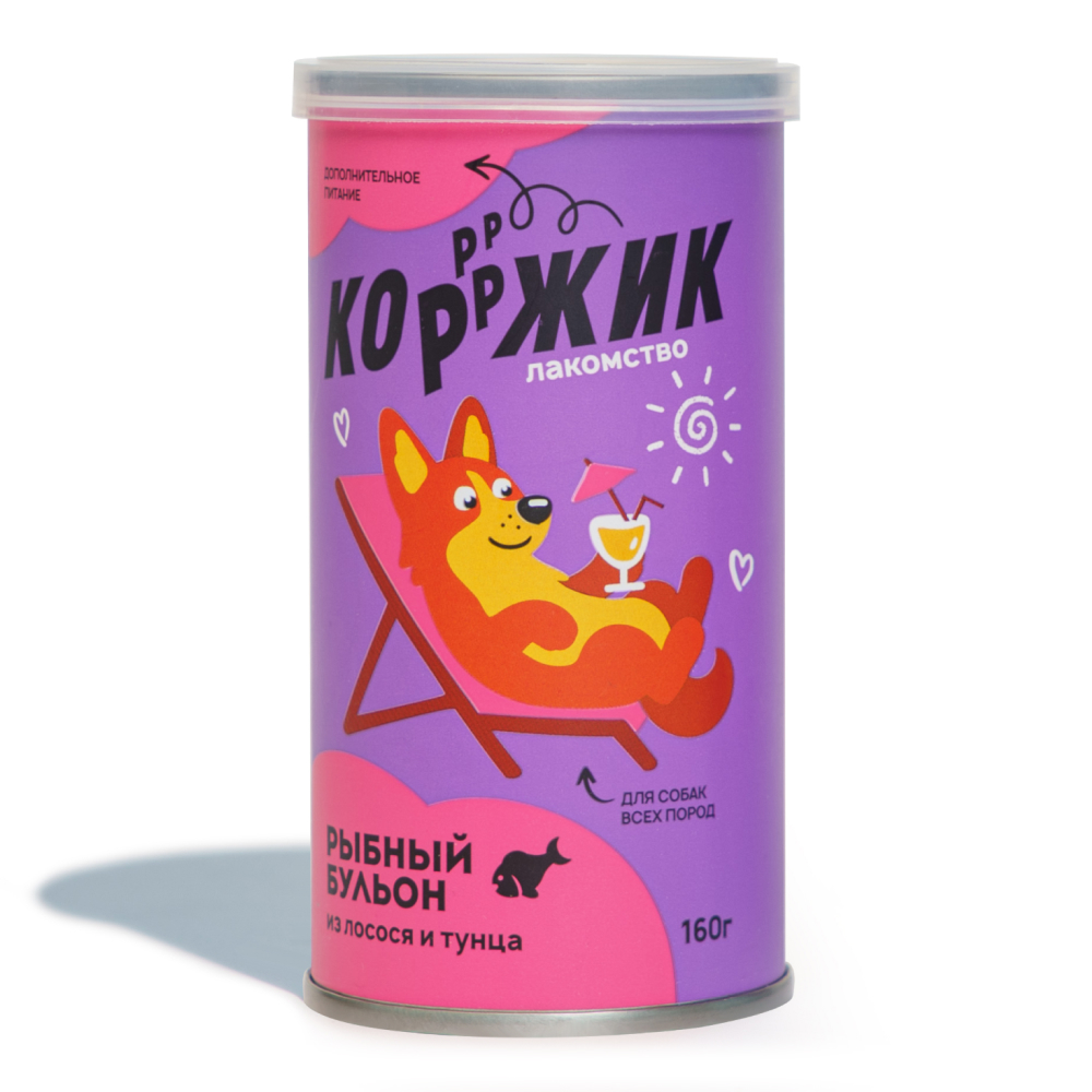 

КОРЖИК Лакомство Рыбный бульон для собак всех пород, с лососем и тунцом, 160 гр.