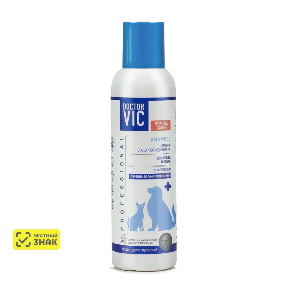

Вик – здоровье животных Шампунь противомикробный с хлоргексидином 4% для собак и кошек, 150 мл