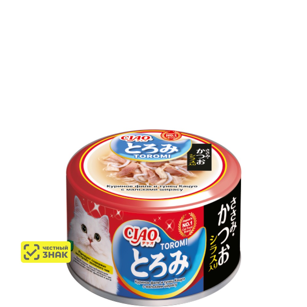 

INABA CIAO Toromi Влажный корм (консервы) для кошек, куриное филе и тунец кацуо с мальками ширасу в бульоне, 80 гр.