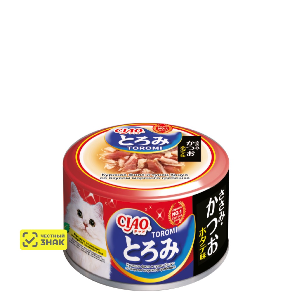 

INABA CIAO Toromi Влажный корм (консервы) для кошек, куриное филе и тунец кацуо со вкусом морского гребешка в бульоне, 80 гр.