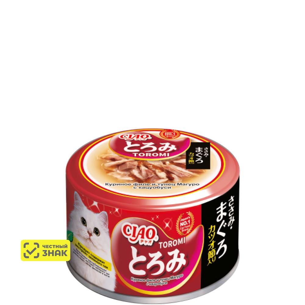 

INABA CIAO Toromi Влажный корм (консервы) для кошек, куриное филе и тунец магуро с кацуобуси в бульоне, 80 гр.