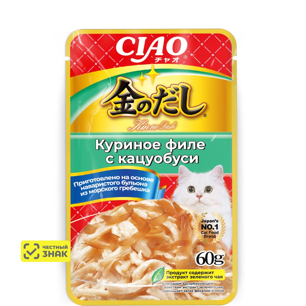 

INABA CIAO Kinnodashi Влажный корм (пауч) для кошек, куриное филе с кацуобуси в желе, 60 гр.
