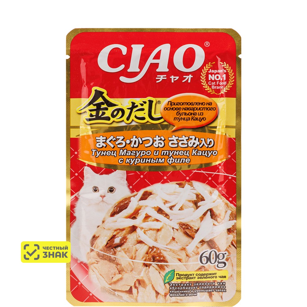 

INABA CIAO Влажный корм (пауч) для кошек, тунец магуро и тунец кацуо с куриным филе, 60 гр.