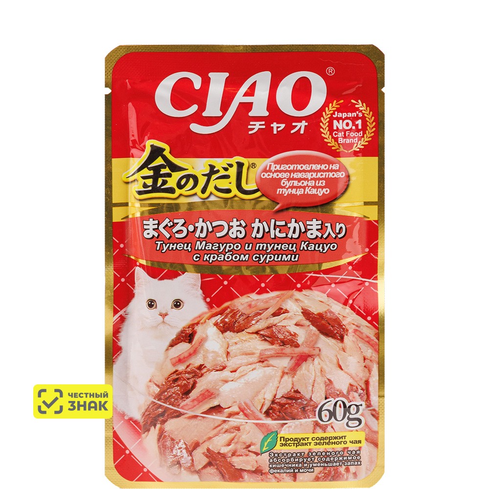 

INABA CIAO Влажный корм (пауч) для кошек, тунец магуро и тунец кацуо с крабом сурими, 60 гр.
